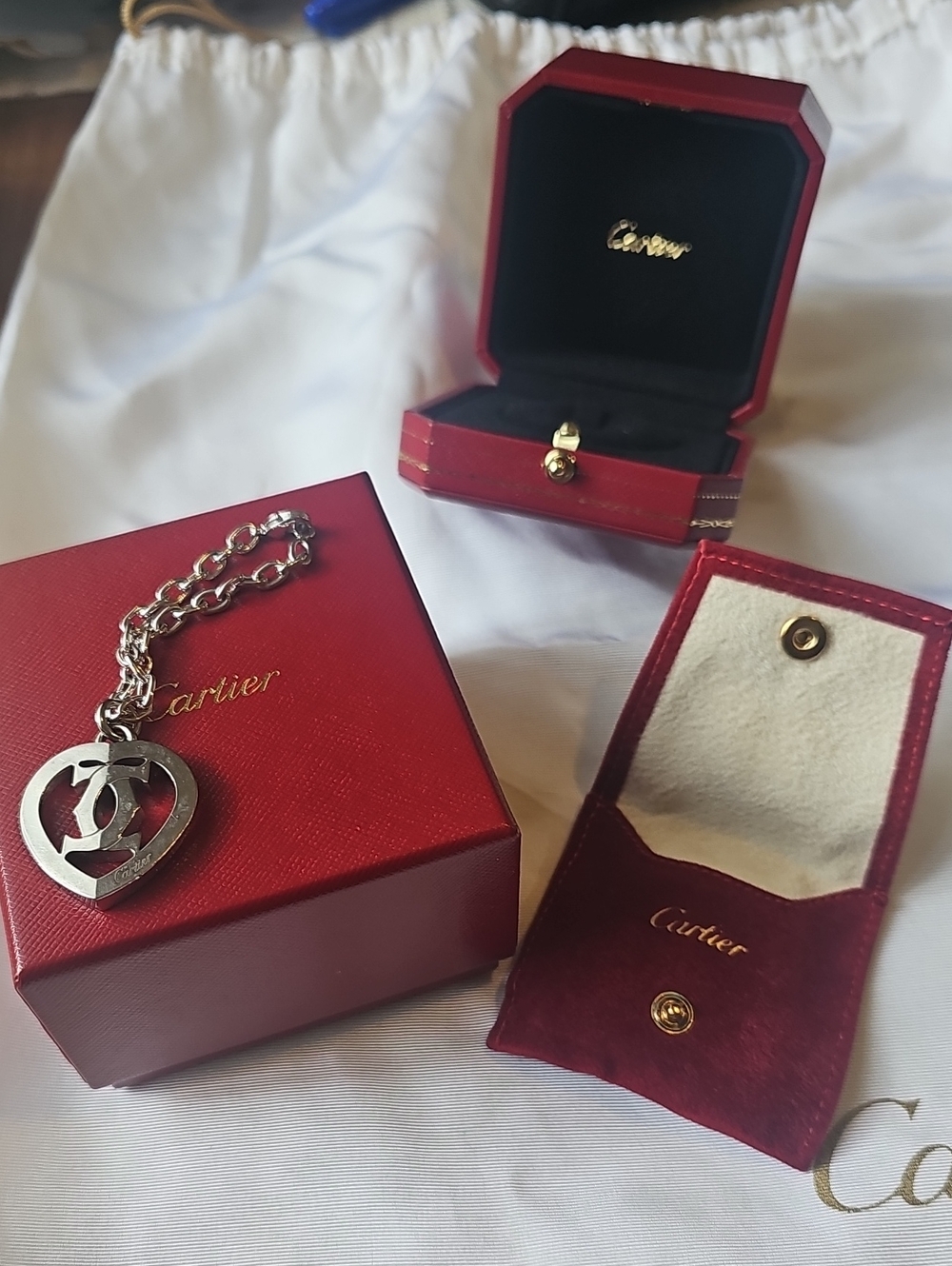Auth Cartier Silver Heart Charm/Keychain with Red Presentation Boxes
